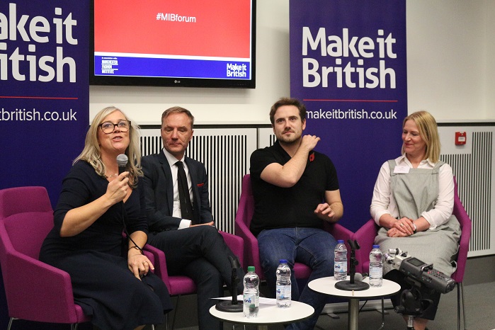 Left to right: Kate Hills, founder of Make it British; Bruce Montgomery, Menswear Consultant; Ross Barr-Hoyland, Ross Barr; and Charlotte Meek, The Stitch Society. © Knitting Industry
